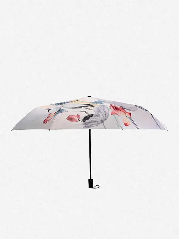 Ancient Lady with White Crane&Lotus Pattern Folding Umbrella