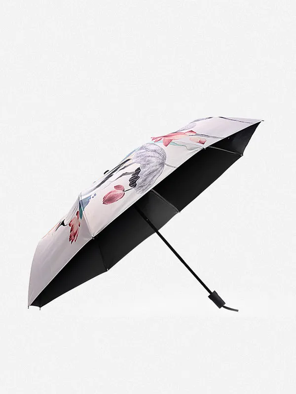 Ancient Lady with White Crane&Lotus Pattern Folding Umbrella