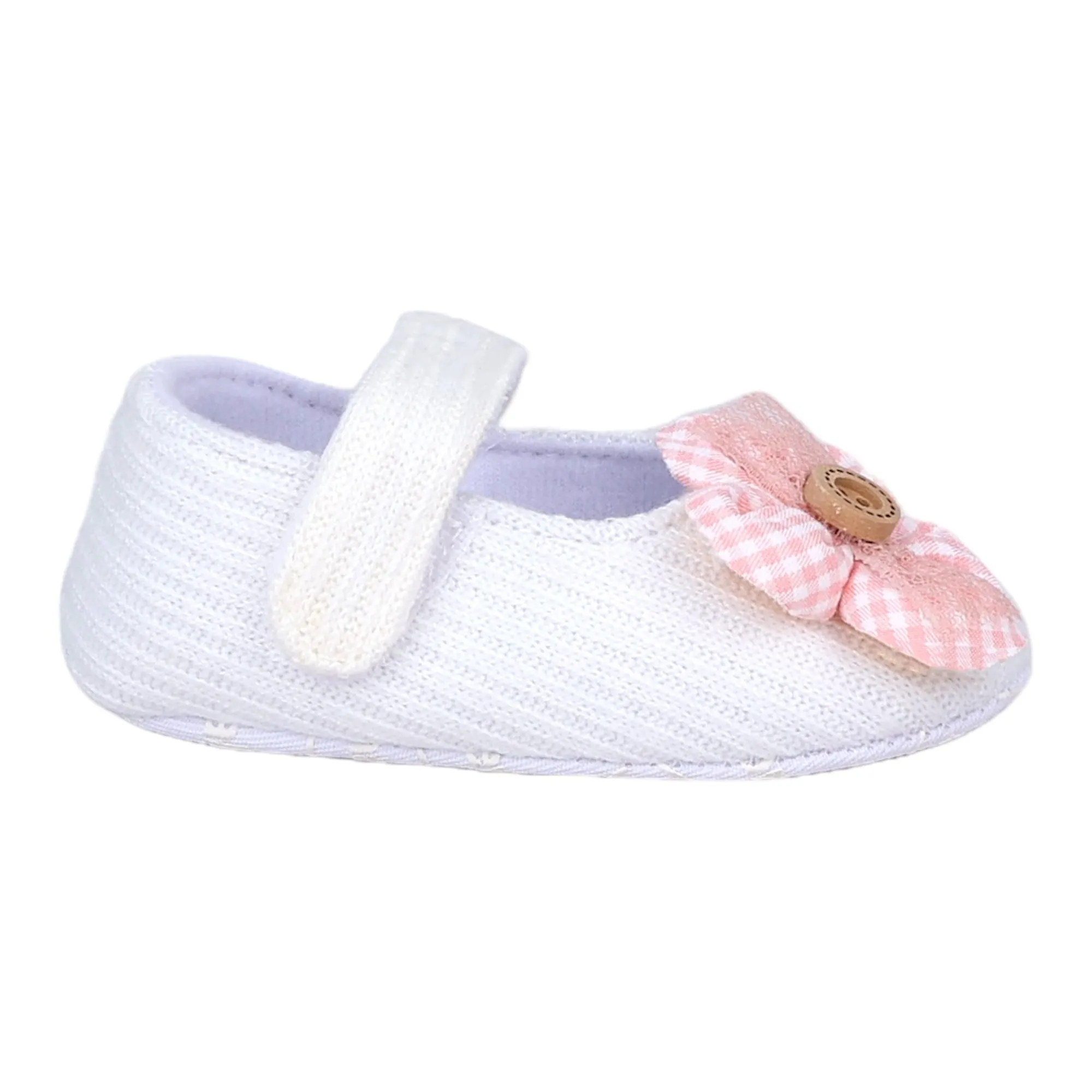Baby Moo Flower Button Velcro Strap Ribbed Anti-Skid Ballerina Booties - White