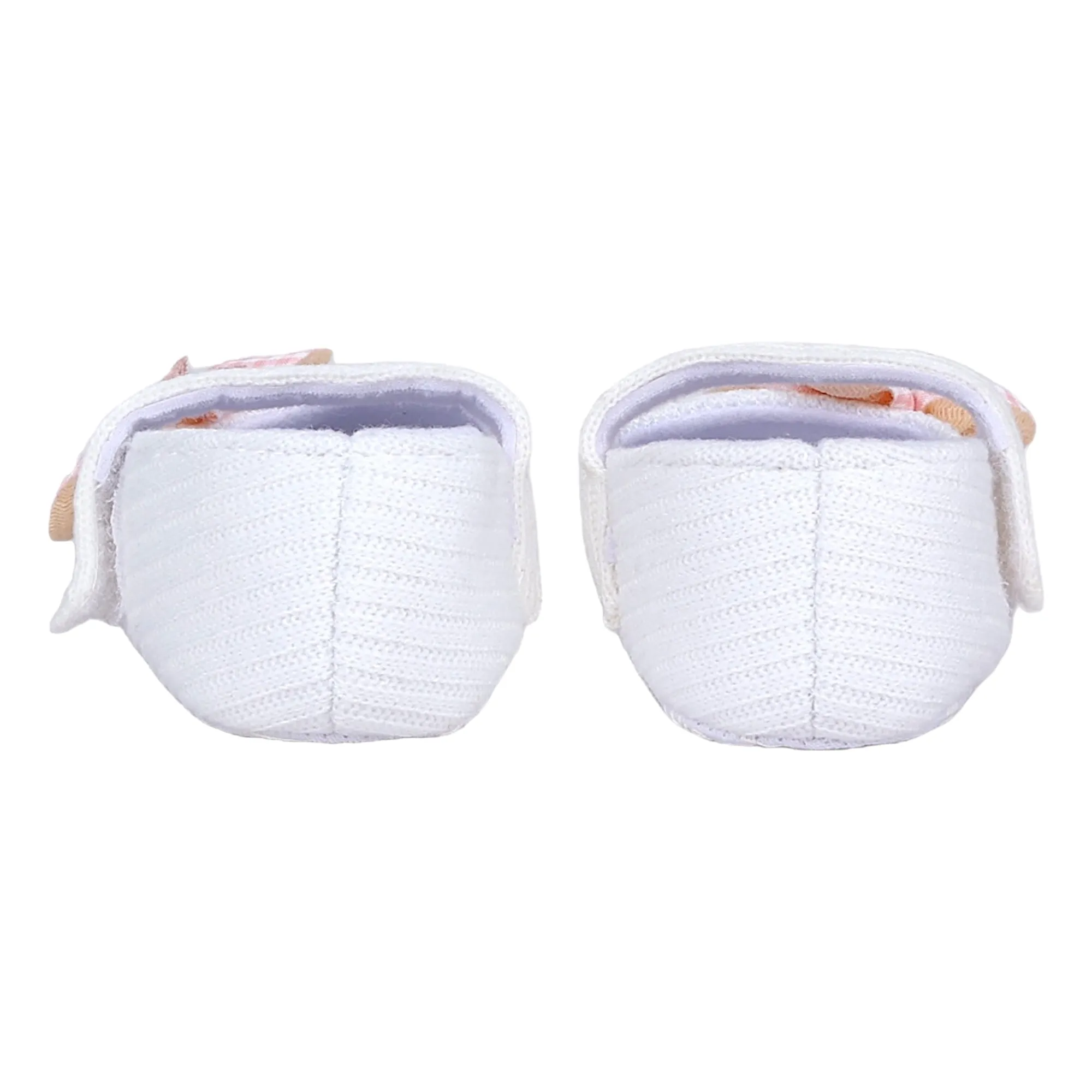 Baby Moo Flower Button Velcro Strap Ribbed Anti-Skid Ballerina Booties - White