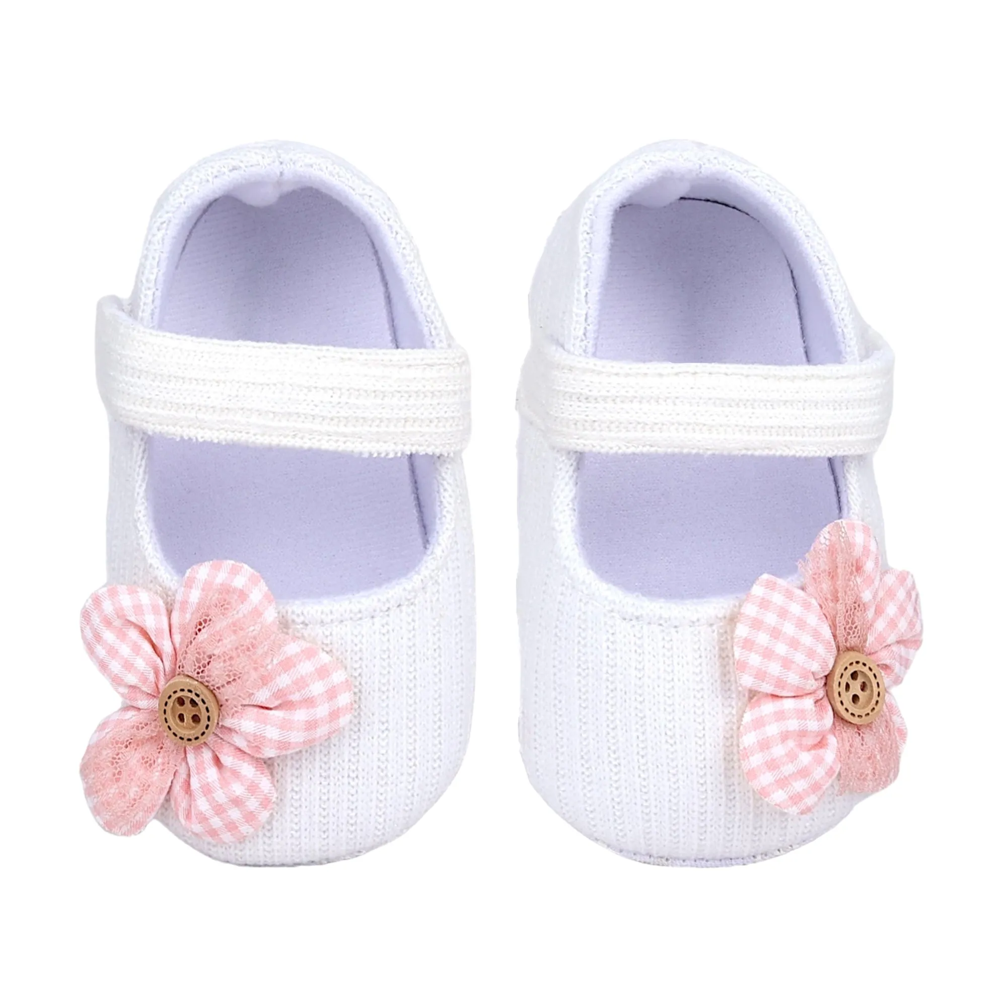 Baby Moo Flower Button Velcro Strap Ribbed Anti-Skid Ballerina Booties - White
