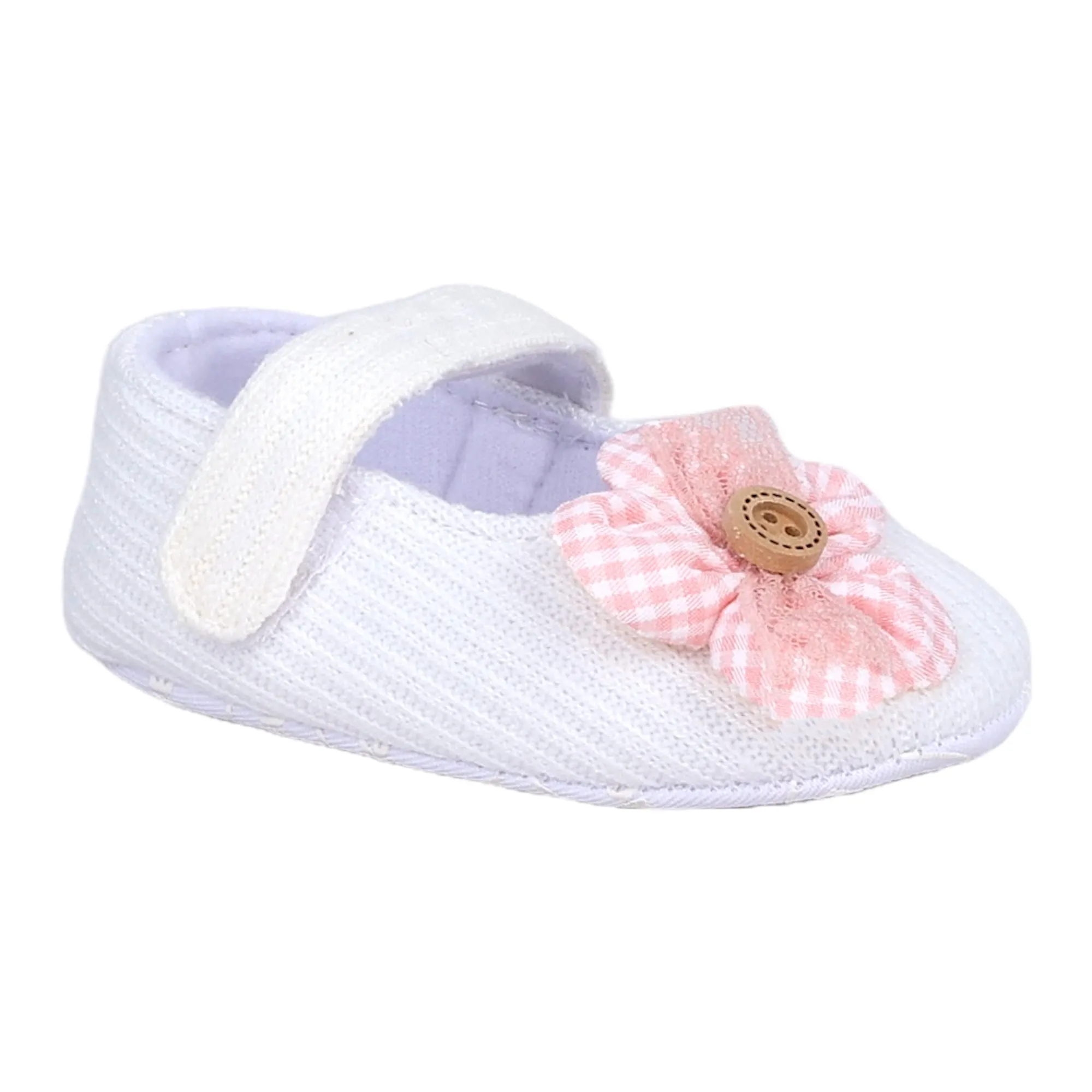 Baby Moo Flower Button Velcro Strap Ribbed Anti-Skid Ballerina Booties - White