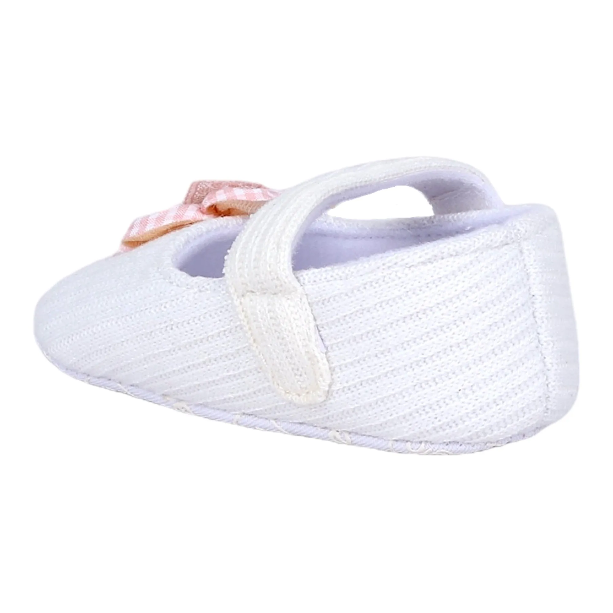 Baby Moo Flower Button Velcro Strap Ribbed Anti-Skid Ballerina Booties - White