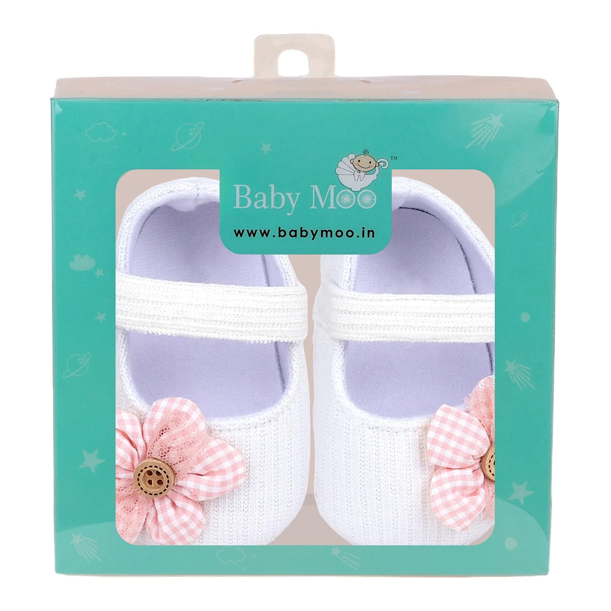 Baby Moo Flower Button Velcro Strap Ribbed Anti-Skid Ballerina Booties - White