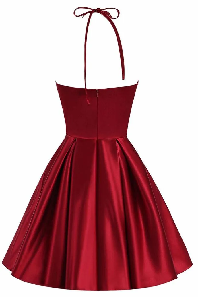 Beautiful Wine Red Halter Knee Length Homecoming Dress, Satin Short Prom Dress