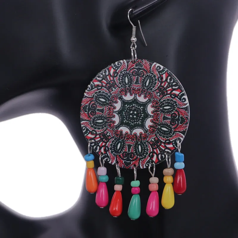 Black Red Wooden Bead Kaleidoscope Pattern Earrings
