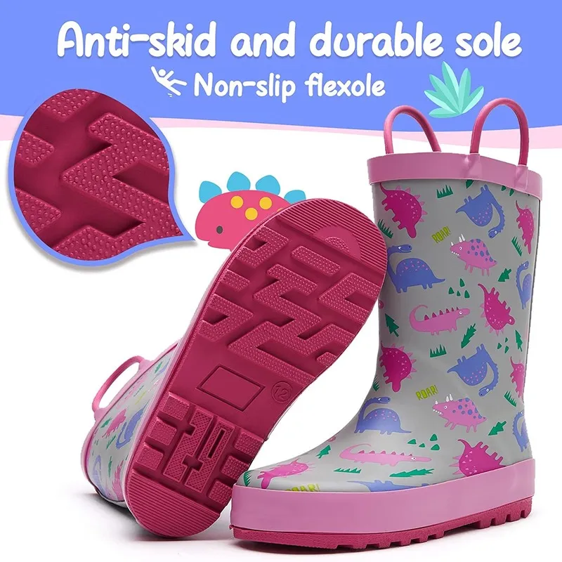 Boy&Girl Rain Boots Waterproof Pink Dinosaurs - K KomForme
