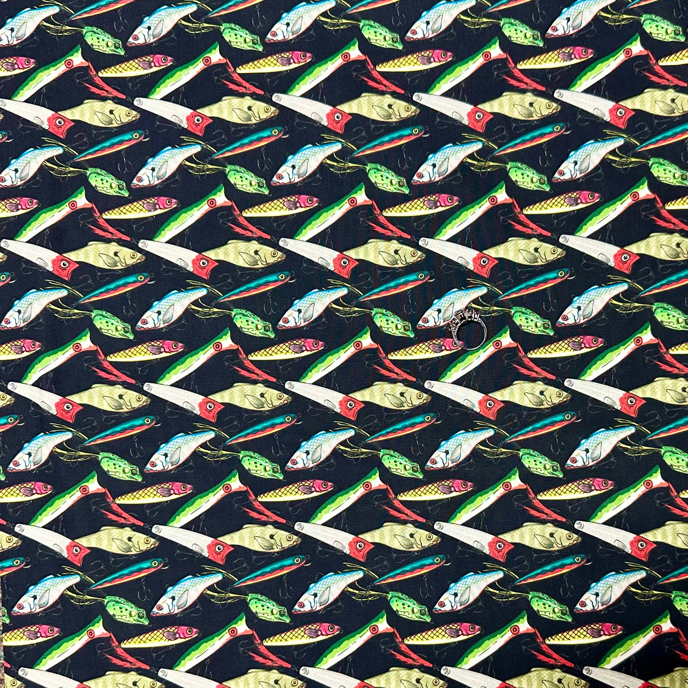 Cotton Fabric BTY Black Fishing Lures Hook Bait Frog Striped