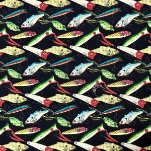 Cotton Fabric BTY Black Fishing Lures Hook Bait Frog Striped