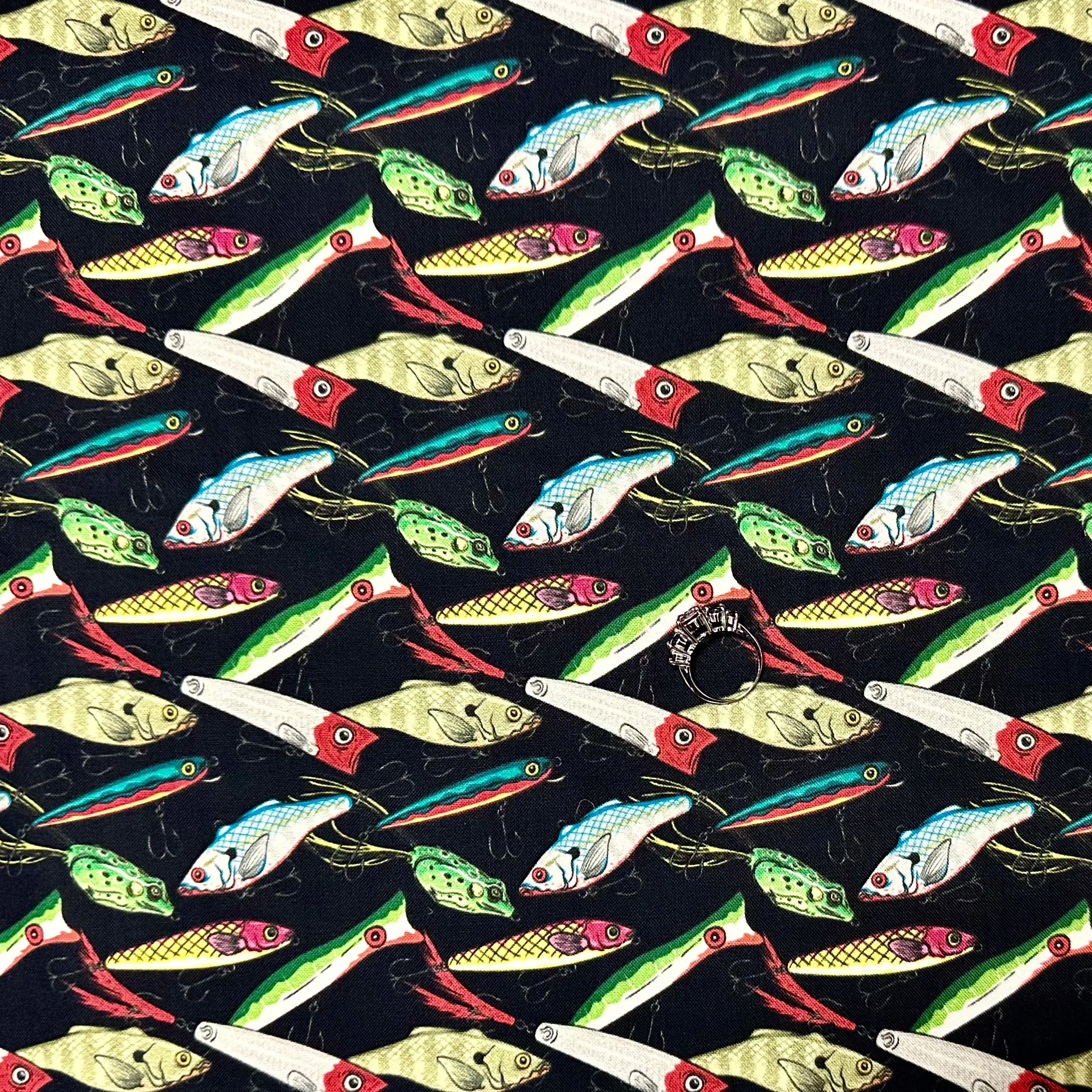 Cotton Fabric BTY Black Fishing Lures Hook Bait Frog Striped