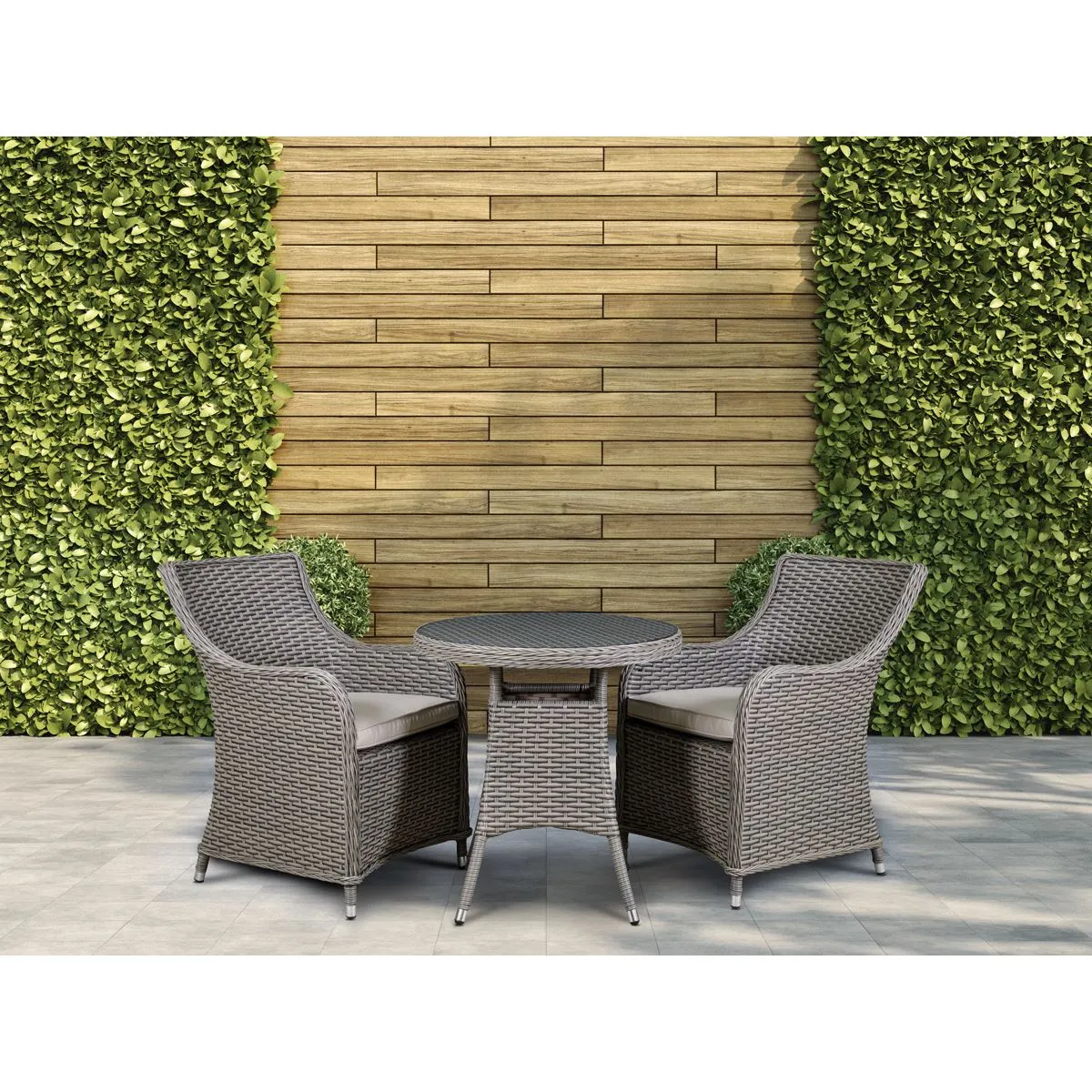 Dellonda Chester 3 Piece Rattan Wicker Outdoor Dining Set with Tempered Glass Table Top, Brown
