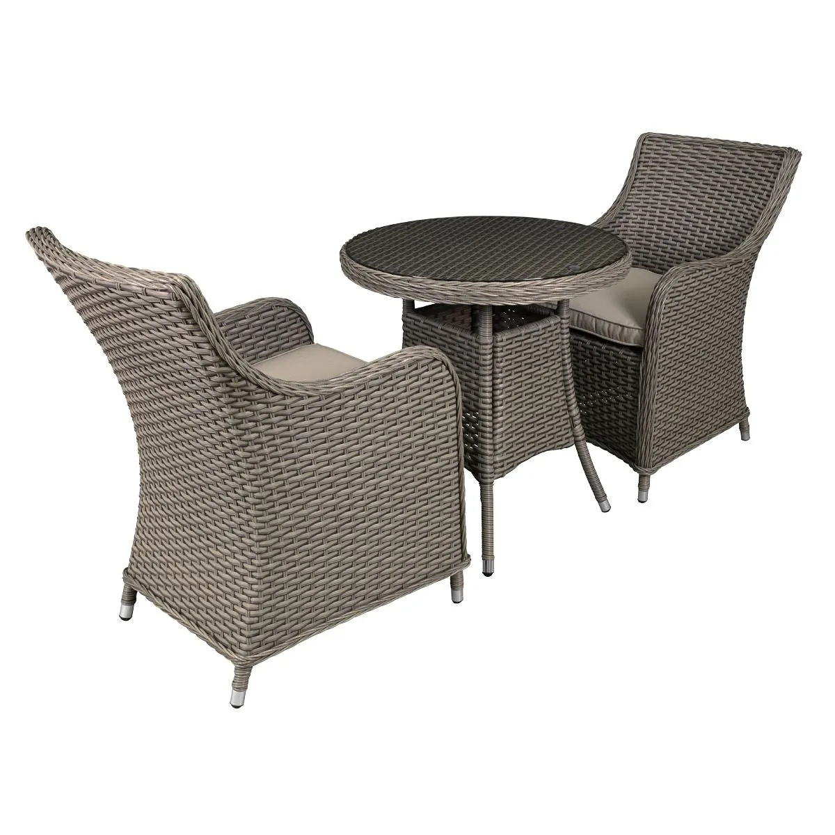 Dellonda Chester 3 Piece Rattan Wicker Outdoor Dining Set with Tempered Glass Table Top, Brown