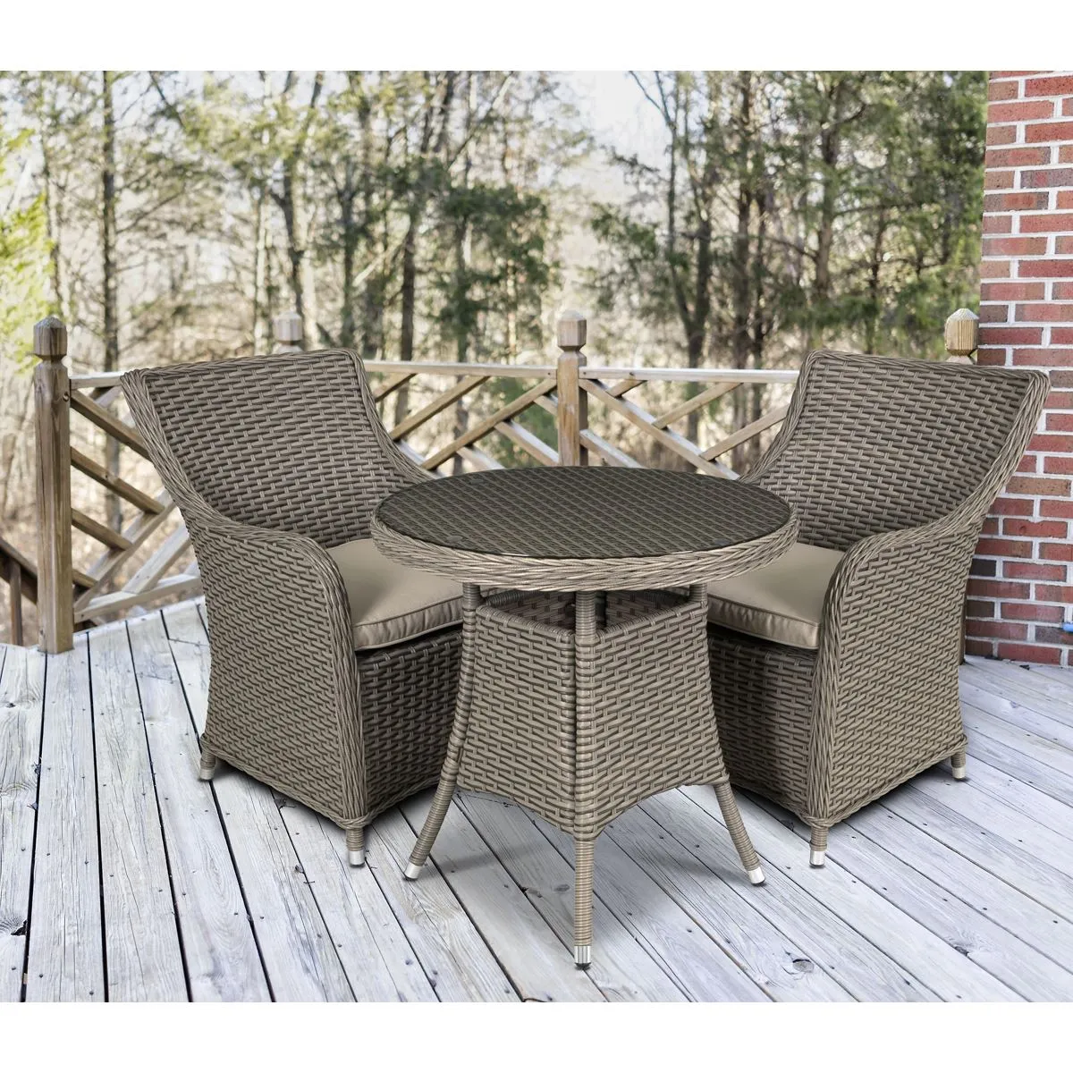 Dellonda Chester 3 Piece Rattan Wicker Outdoor Dining Set with Tempered Glass Table Top, Brown
