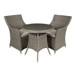 Dellonda Chester 3 Piece Rattan Wicker Outdoor Dining Set with Tempered Glass Table Top, Brown