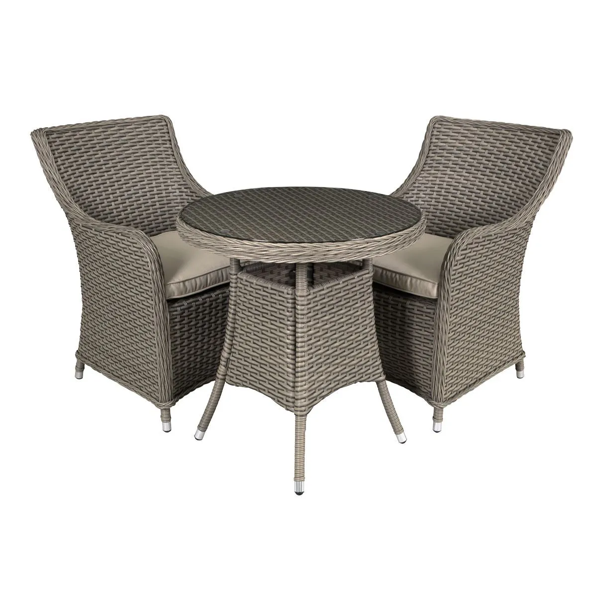 Dellonda Chester 3 Piece Rattan Wicker Outdoor Dining Set with Tempered Glass Table Top, Brown