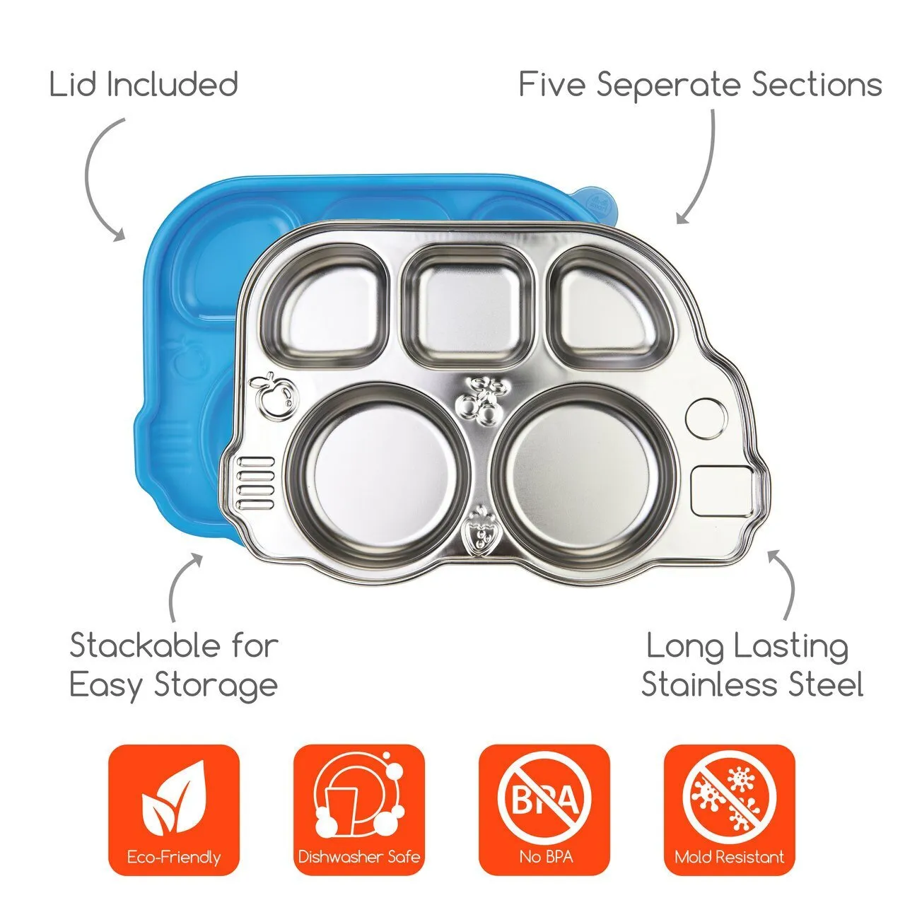 DIN DIN SMART STAINLESS BUS DIVIDED PLATTER w/ LID