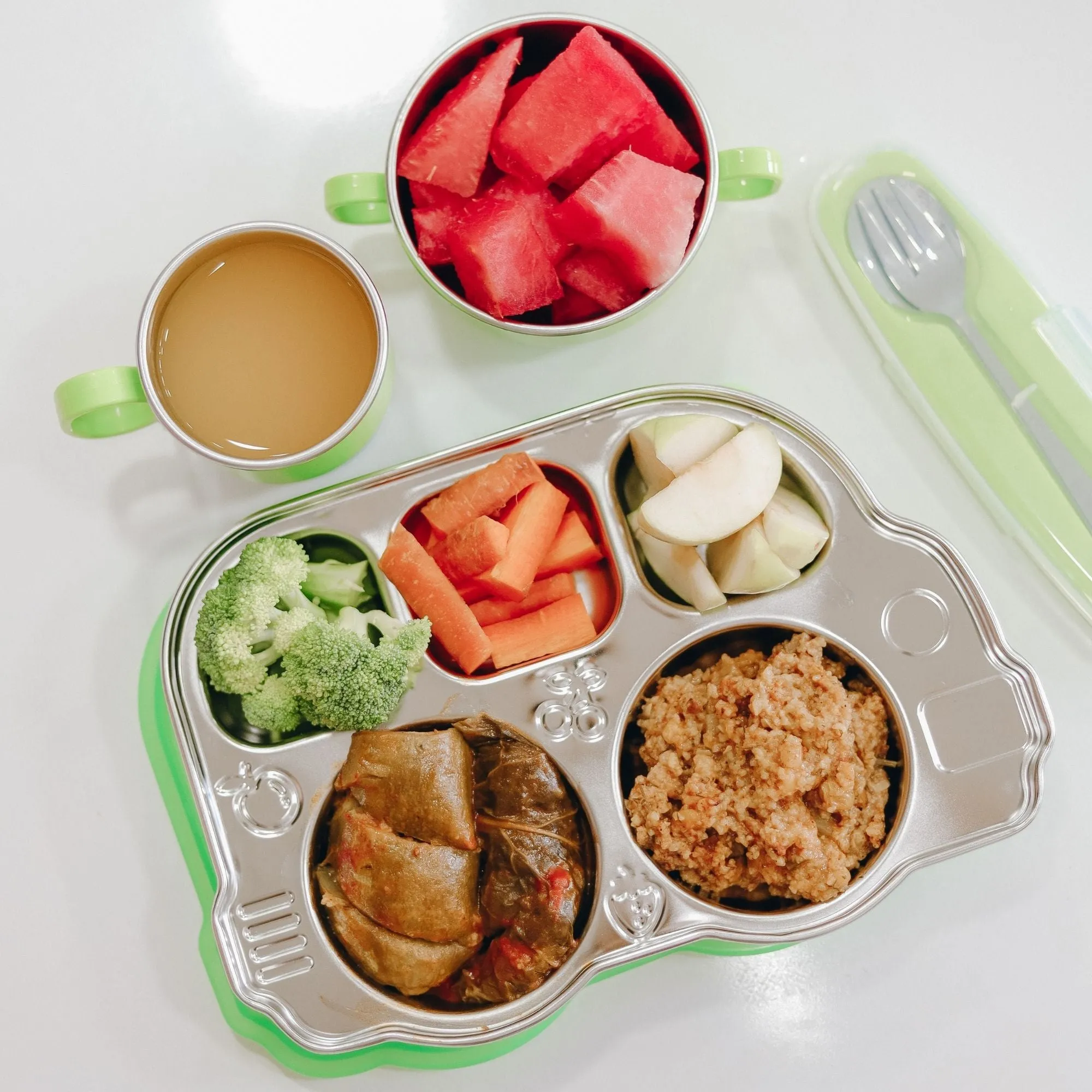 DIN DIN SMART STAINLESS BUS DIVIDED PLATTER w/ LID