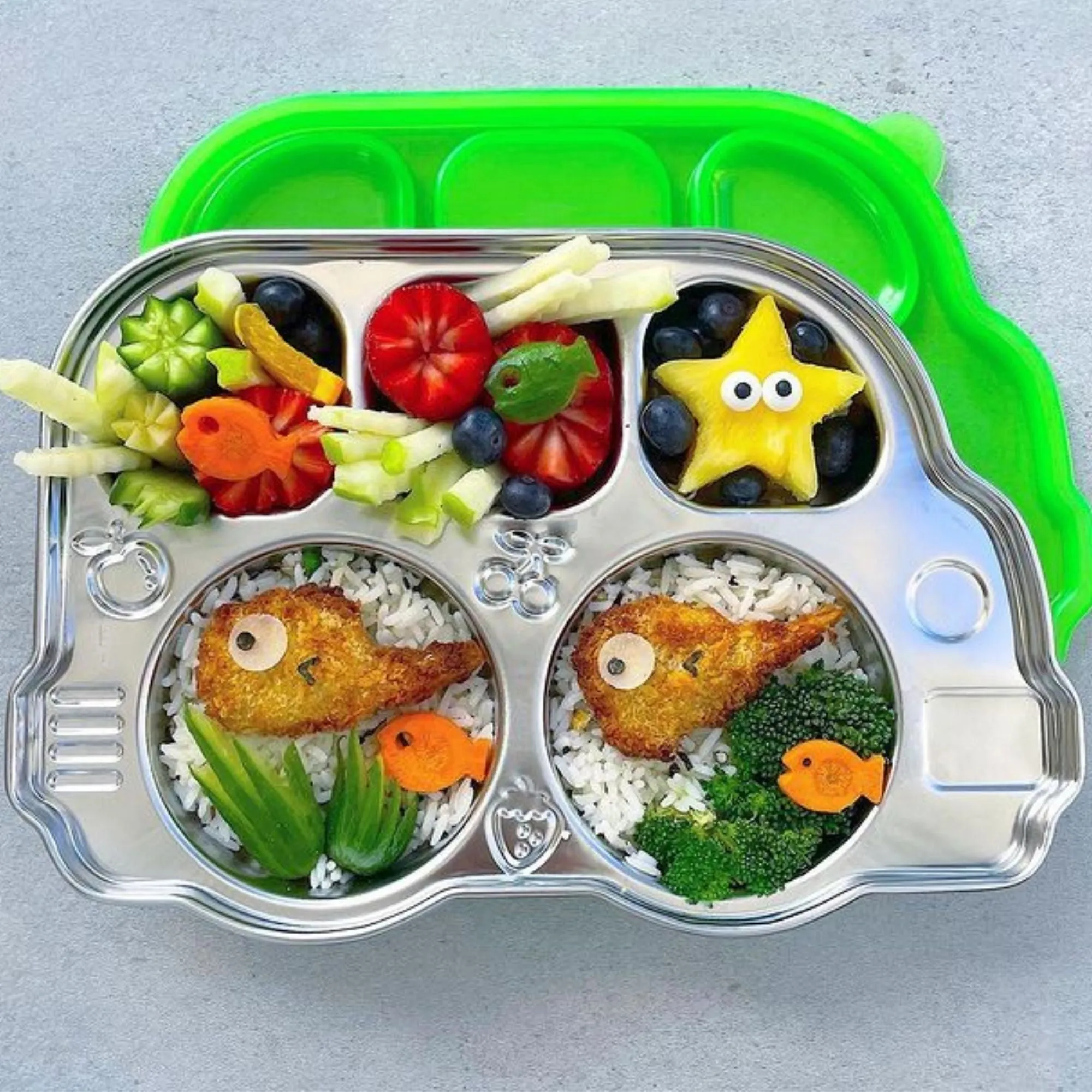 DIN DIN SMART STAINLESS BUS DIVIDED PLATTER w/ LID