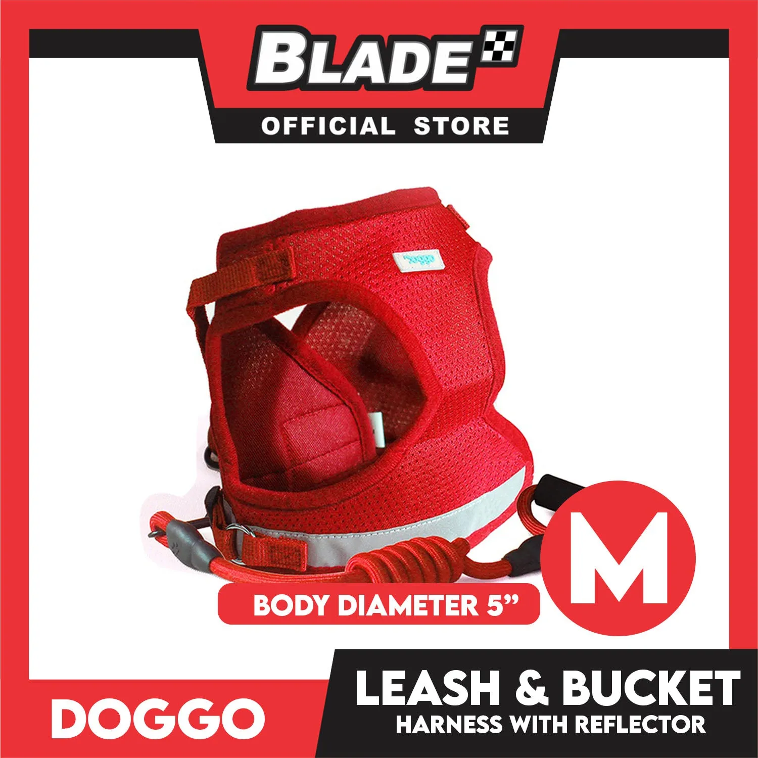 Doggo Leash and Bucket Harness with Reflector Medium (Red) Perfect Set for Your Dog