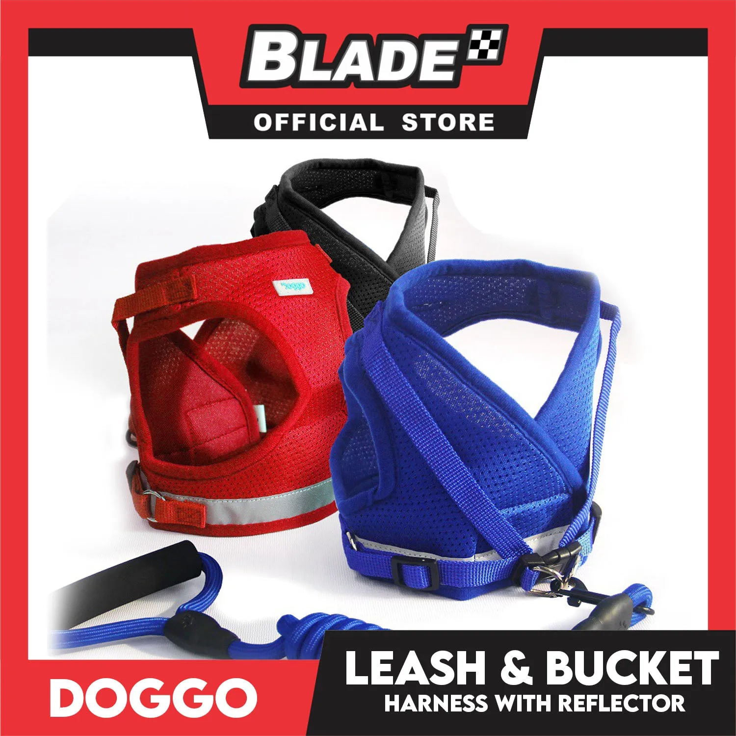 Doggo Leash and Bucket Harness with Reflector Medium (Red) Perfect Set for Your Dog
