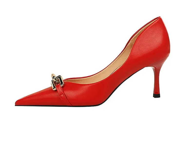 Elegant Women Pumps Metal Button Kitten Heels Women Shoes Stiletto Banquet Shoes Pointed High Heels