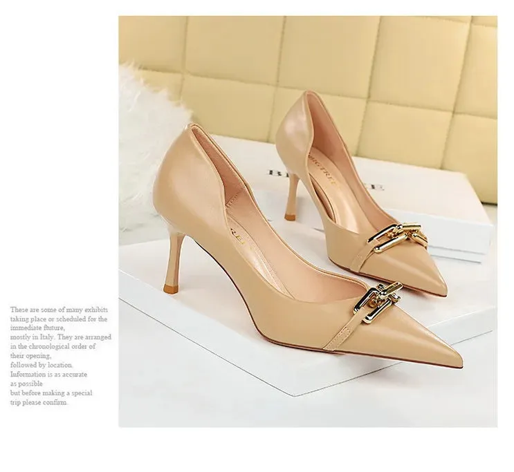 Elegant Women Pumps Metal Button Kitten Heels Women Shoes Stiletto Banquet Shoes Pointed High Heels