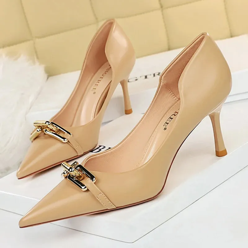 Elegant Women Pumps Metal Button Kitten Heels Women Shoes Stiletto Banquet Shoes Pointed High Heels