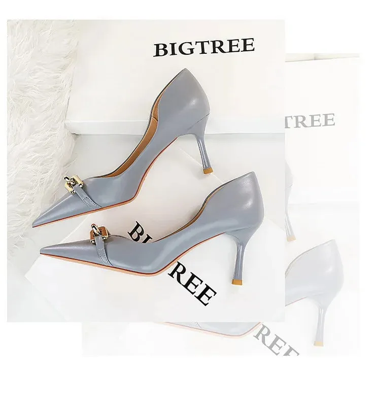 Elegant Women Pumps Metal Button Kitten Heels Women Shoes Stiletto Banquet Shoes Pointed High Heels