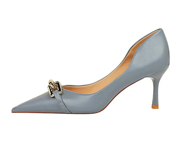 Elegant Women Pumps Metal Button Kitten Heels Women Shoes Stiletto Banquet Shoes Pointed High Heels