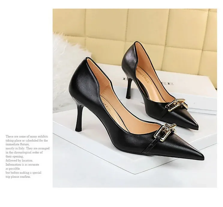 Elegant Women Pumps Metal Button Kitten Heels Women Shoes Stiletto Banquet Shoes Pointed High Heels