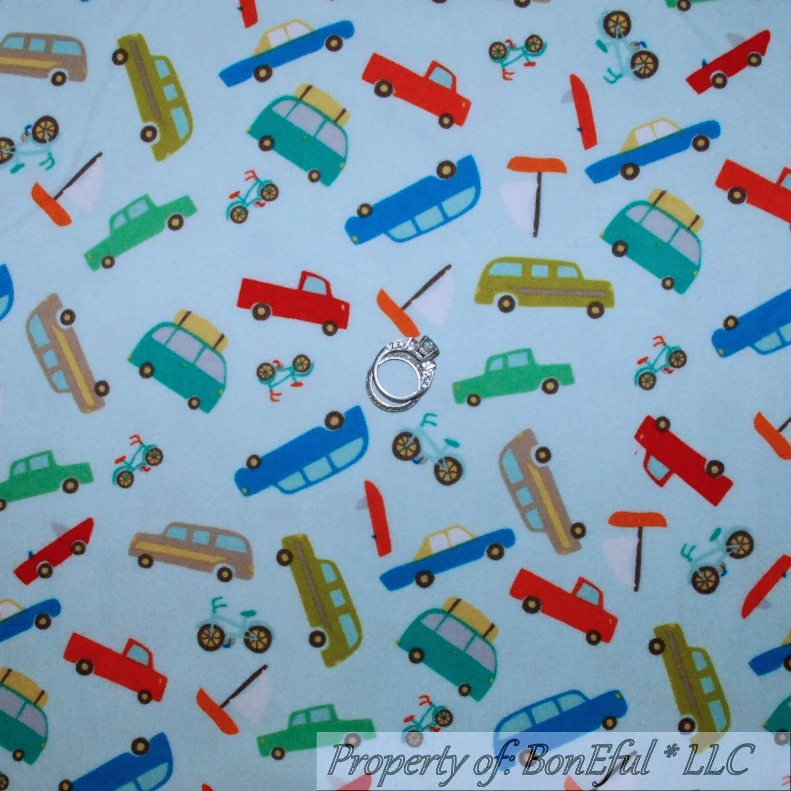 Flannel Fabric BTY Blue Baby Toy Bus Car Truck Boat Bike