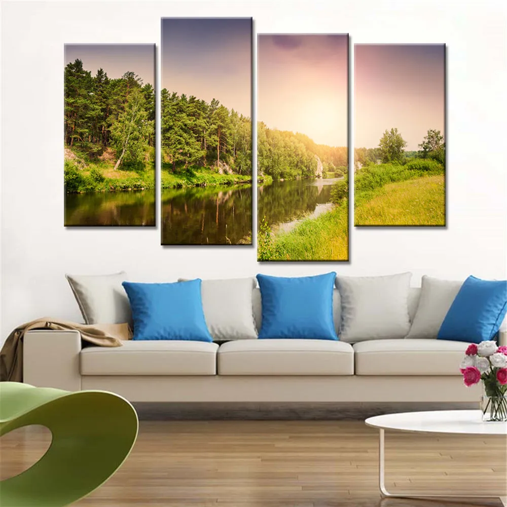 Frameless 4 Piece Sunset Landscape Wall Art Canvas Painting