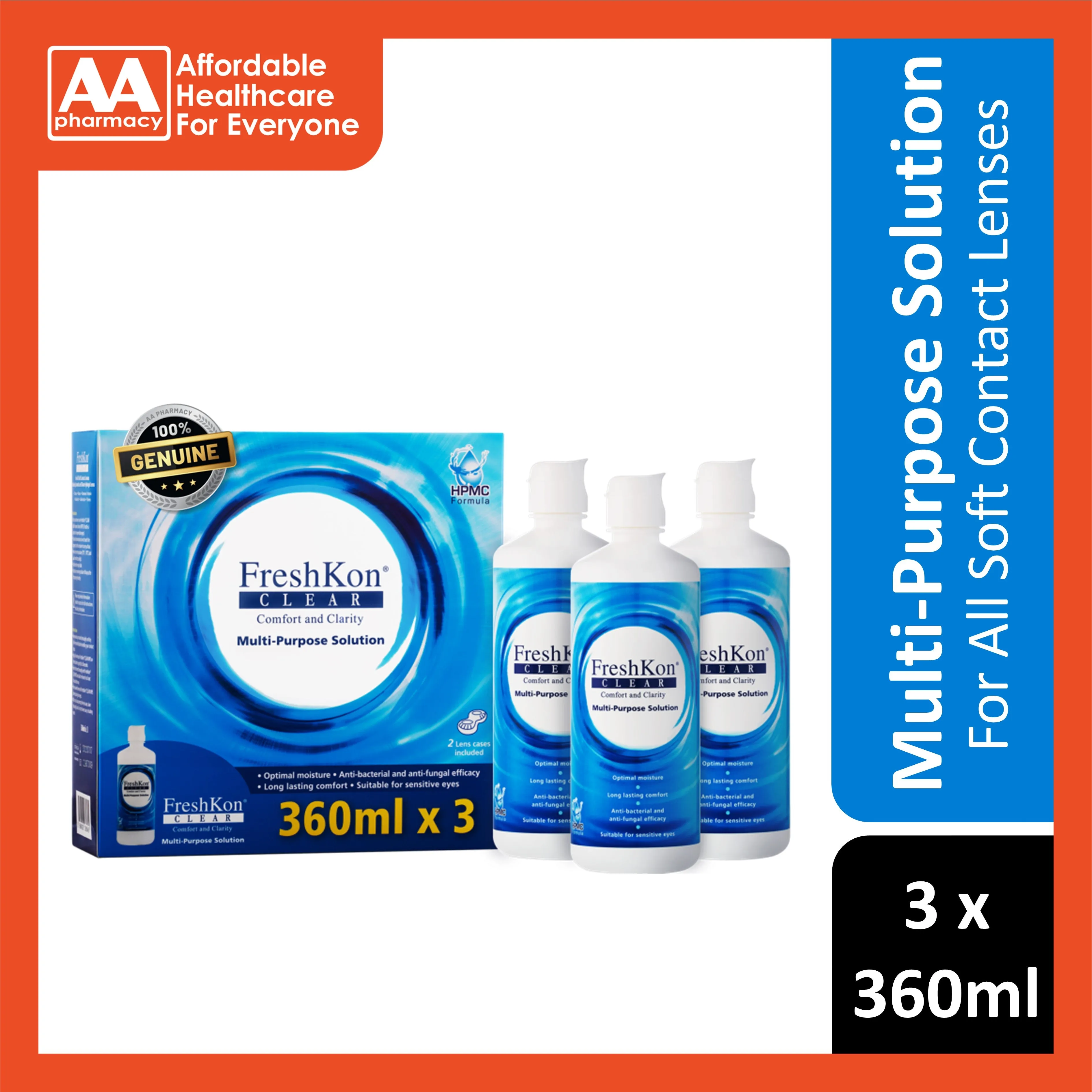 FreshKon Clear Multi-Purpose Solution 3x360mL