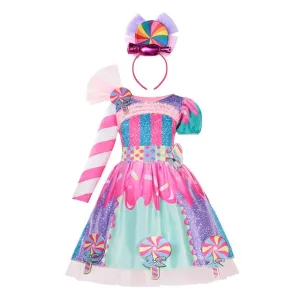 Girl's Unique Design Colorful Candy Dress With Headband