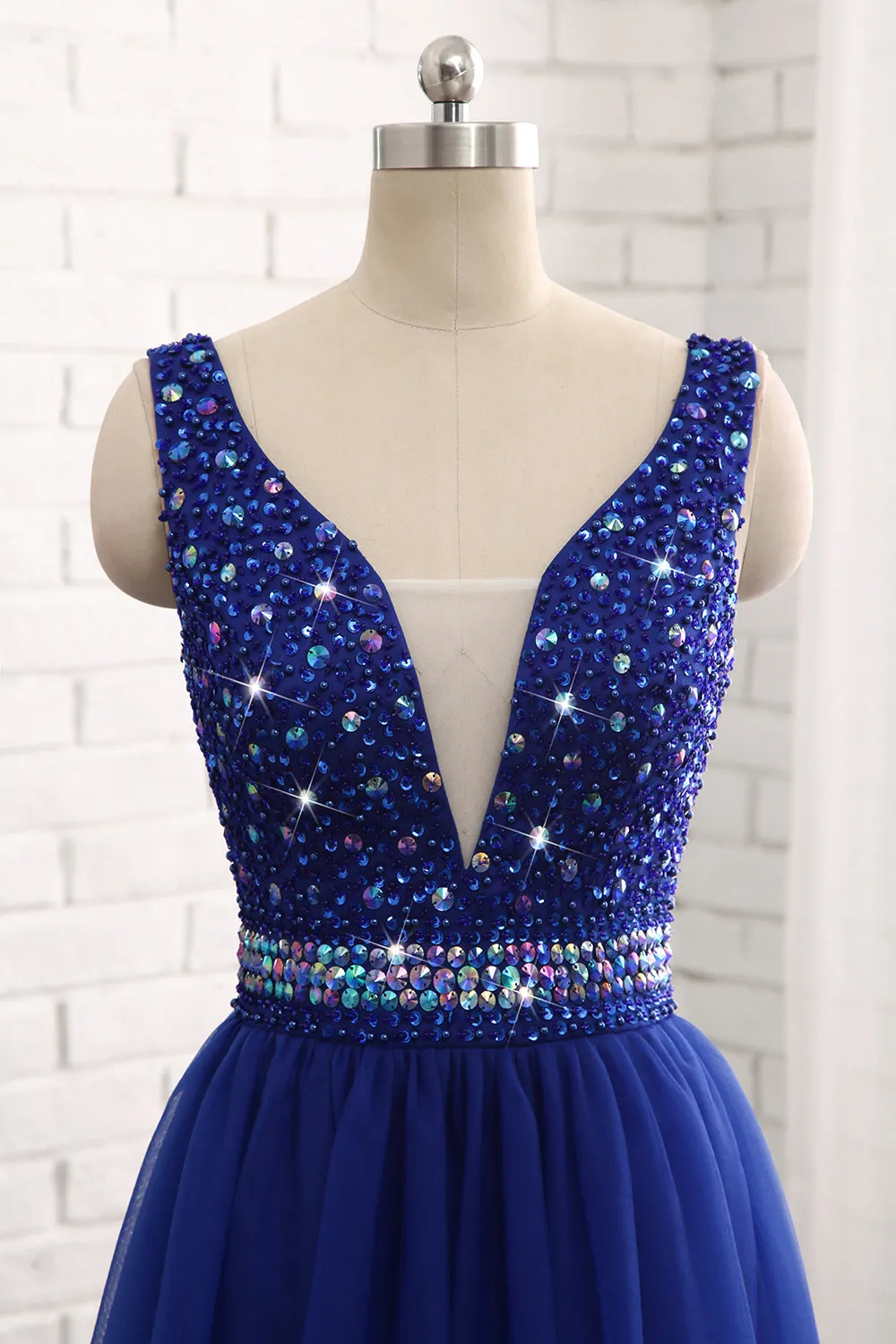 Gorgeous Royal Blue Beaded V Neckline Long Party Dress, Blue Junior Prom Dress