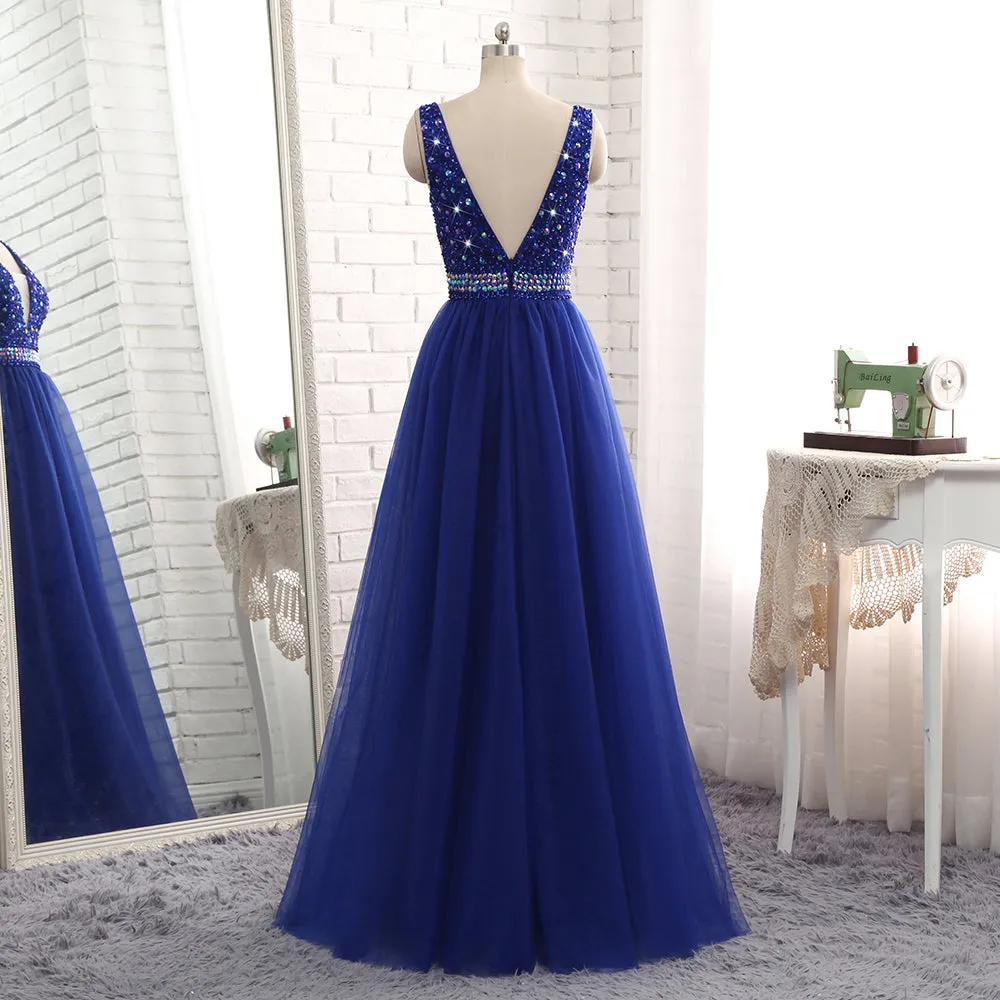 Gorgeous Royal Blue Beaded V Neckline Long Party Dress, Blue Junior Prom Dress