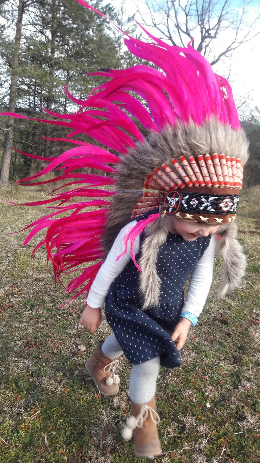 K10- From 2-5 years Kid / Child's: Pink Indian Headdress 20,5 inch. – 52 cm
