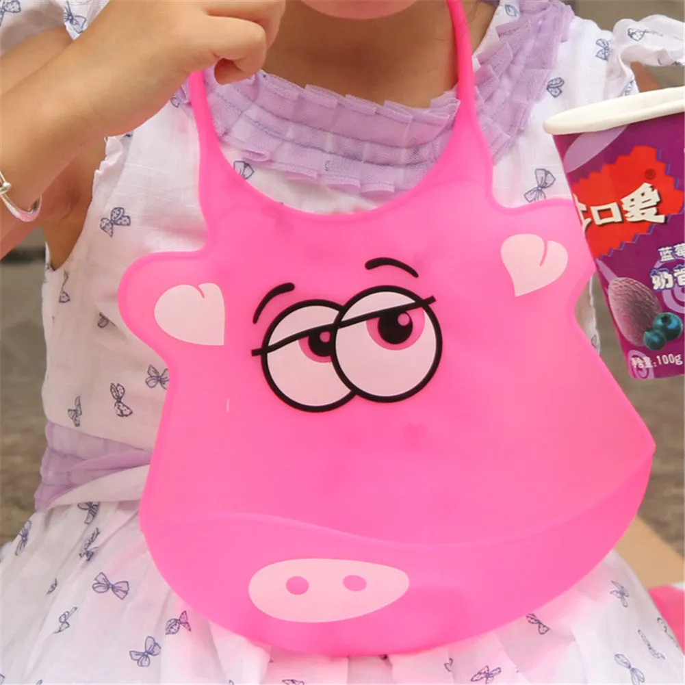 Kid Infant Baby Bibs Soft Silicone Waterproof Large Size Dripping Bibs Pink pig