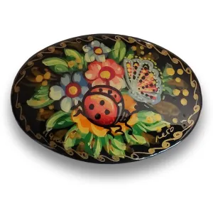 Ladybug on Flowers Hand-Painted Oval Brooch