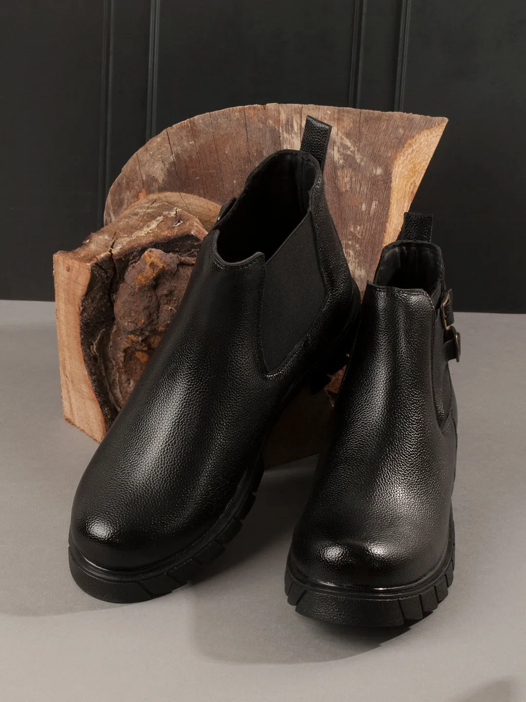 Men's Black Round Toe Casual Slip On Boots (IX3038)