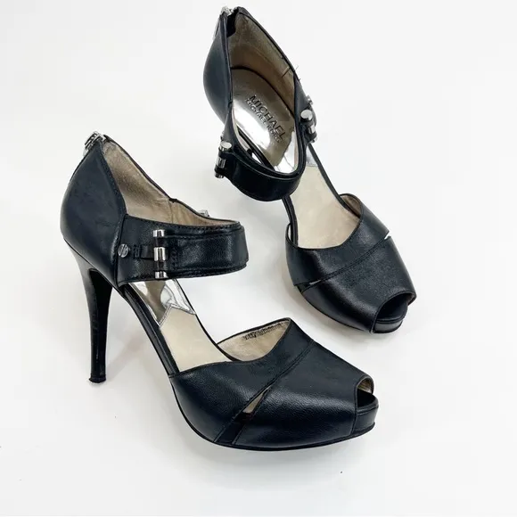 MICHAEL Michael Kors Peep Toe Black Strap Heel, Size 8.5