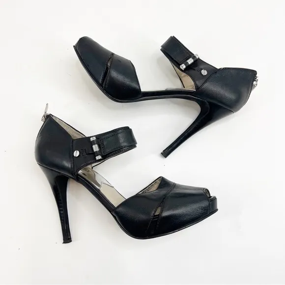 MICHAEL Michael Kors Peep Toe Black Strap Heel, Size 8.5