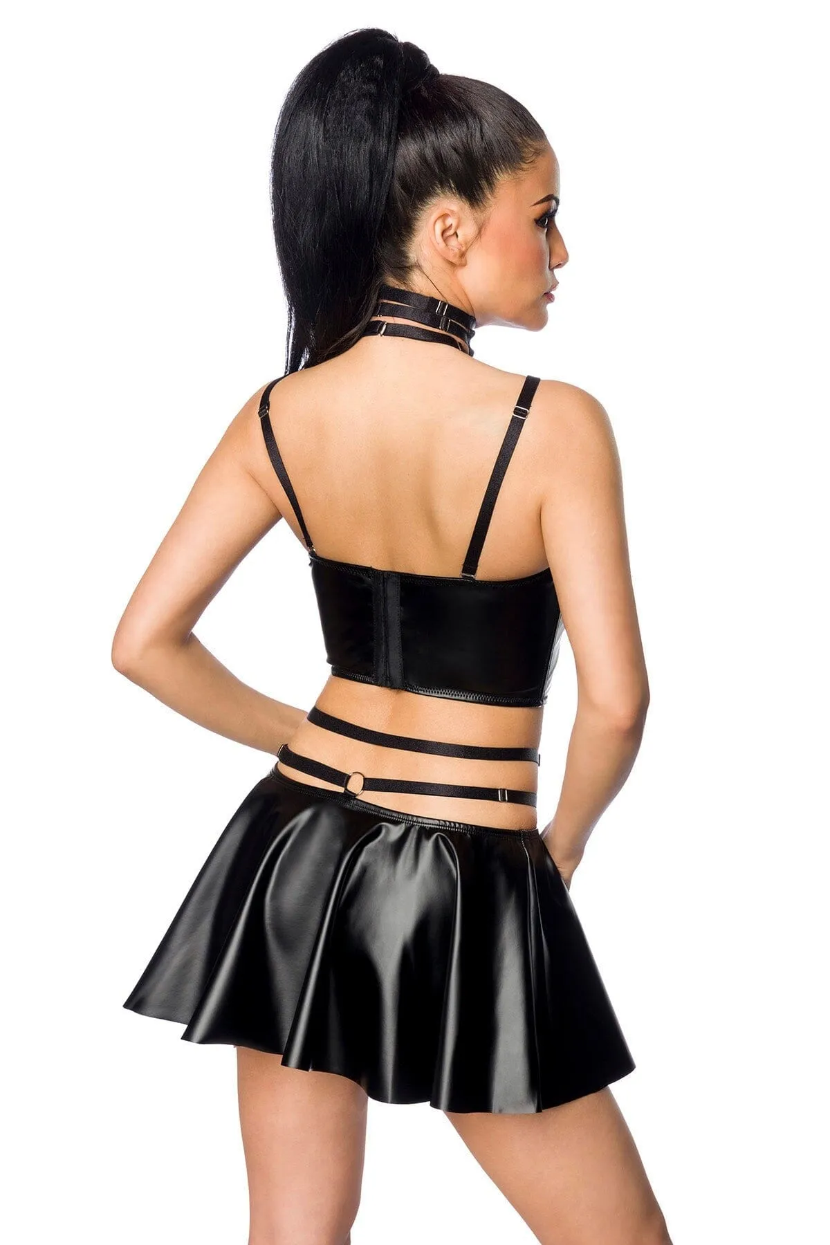 Multi-Strap Wetlook Crop Top & Flared Mini Skirt Set