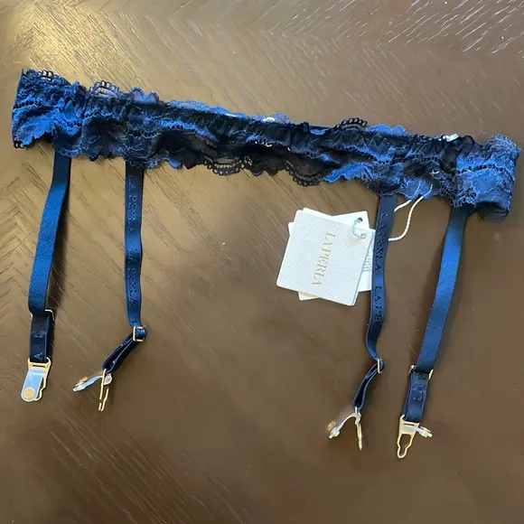 NWT La Perla Whisper Navy Blue Lace Suspender L