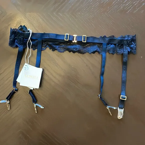 NWT La Perla Whisper Navy Blue Lace Suspender L