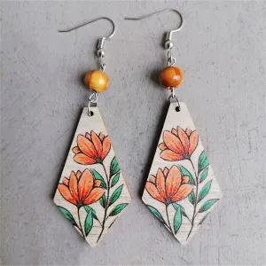 Red Multicolor Wood & Silver-Plated Floral Rhombus Drop Earrings