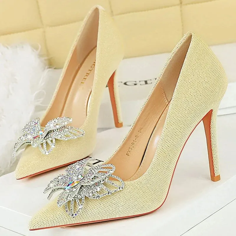 Rhinestone Women Pumps Butterfly High Heels 10 CM Stilettos Suede Women Heels Luxury banquet shoes Fashion Wedding shoes