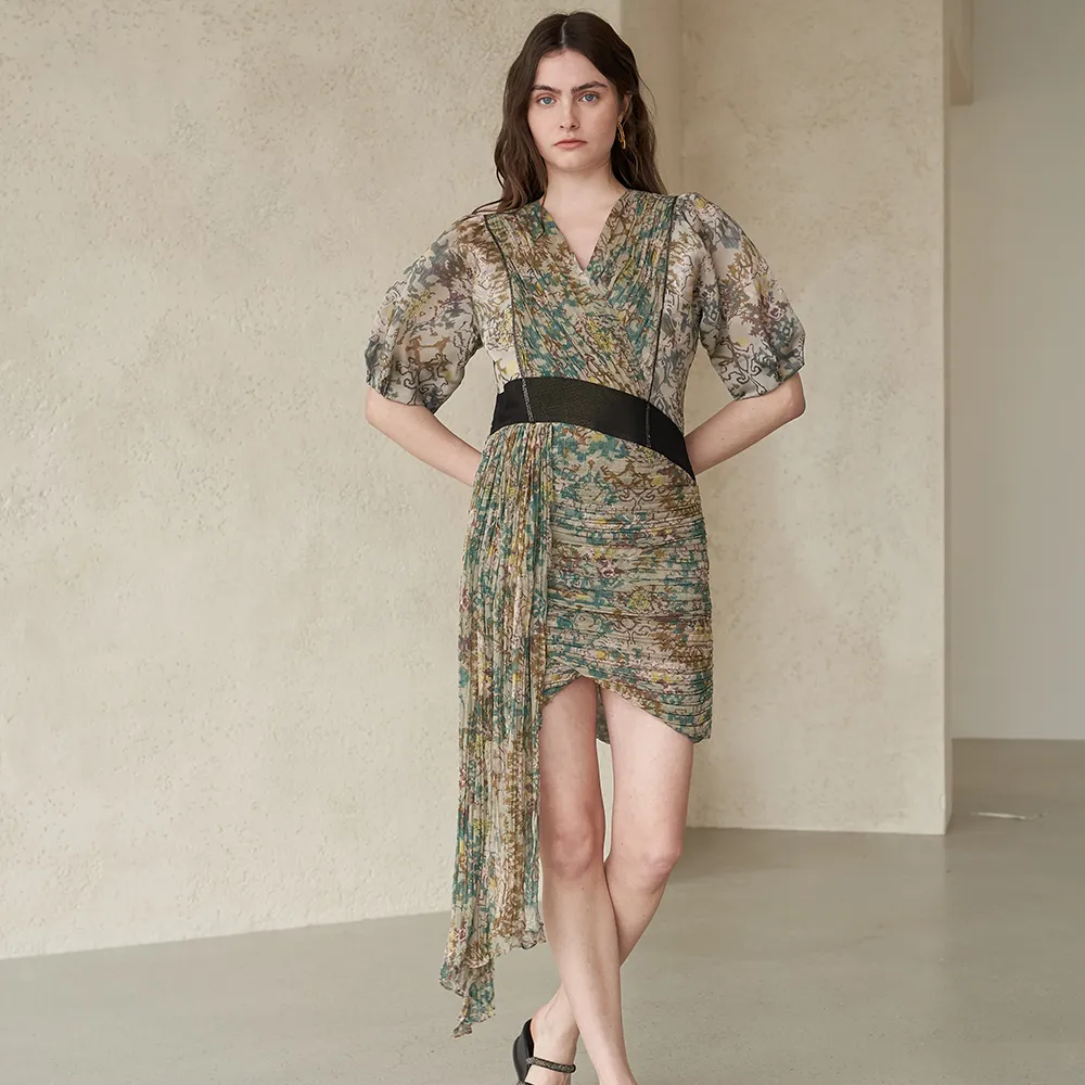 Ruched Drape Mini Silk Dress
