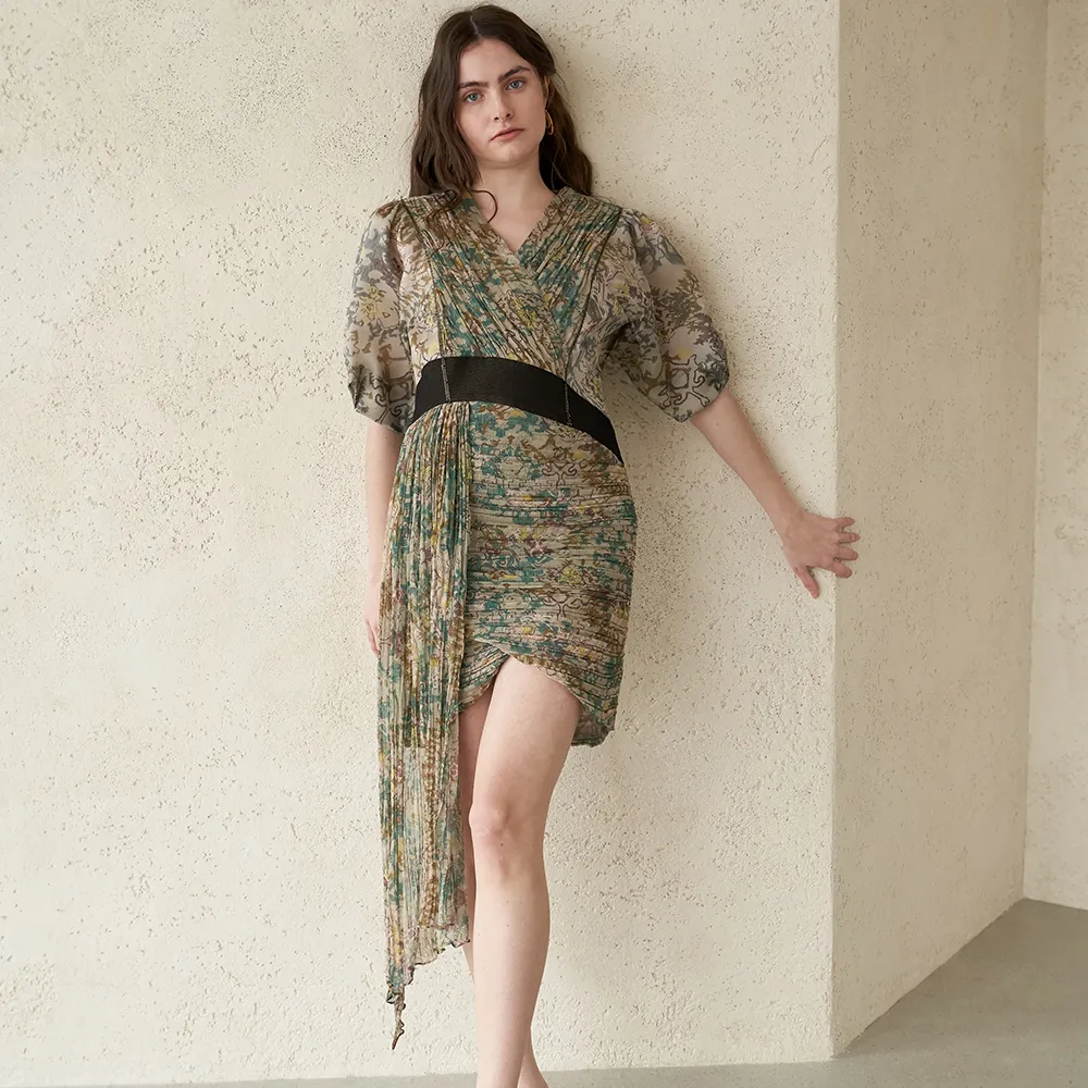 Ruched Drape Mini Silk Dress