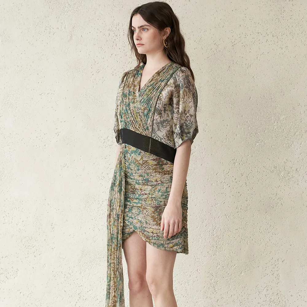 Ruched Drape Mini Silk Dress